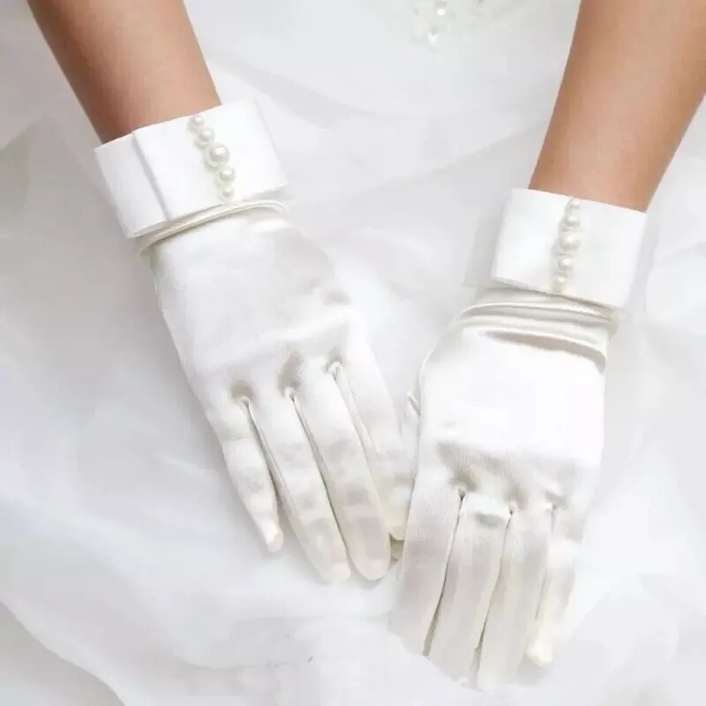 Wedding Bridal Short Gloves White Bow Stretch Satin Evening Party Opera Prom